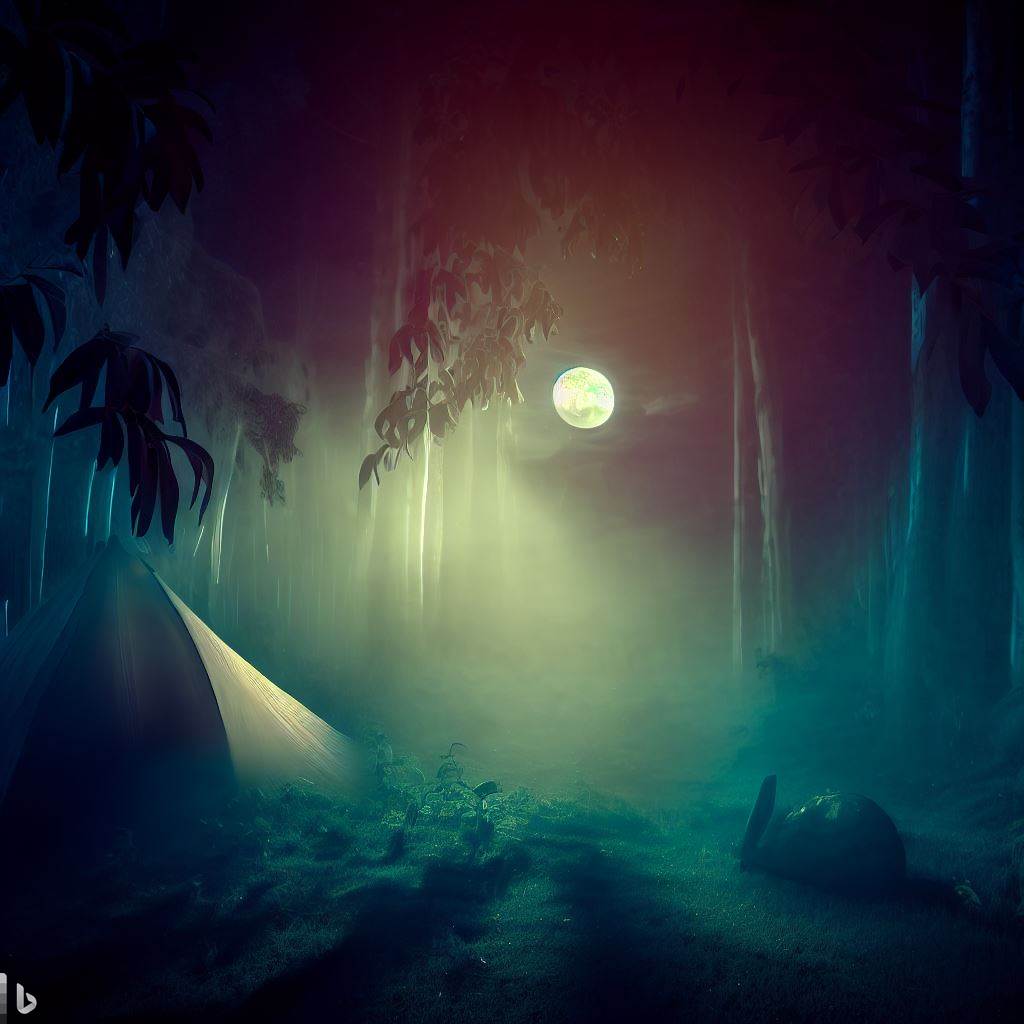Un claro en la selva de noche, con una tienda de campaña y la luna iluminando desde arriba. Estilo Sereno pero misterioso, con tonos azules y verdes, y sombras suaves.